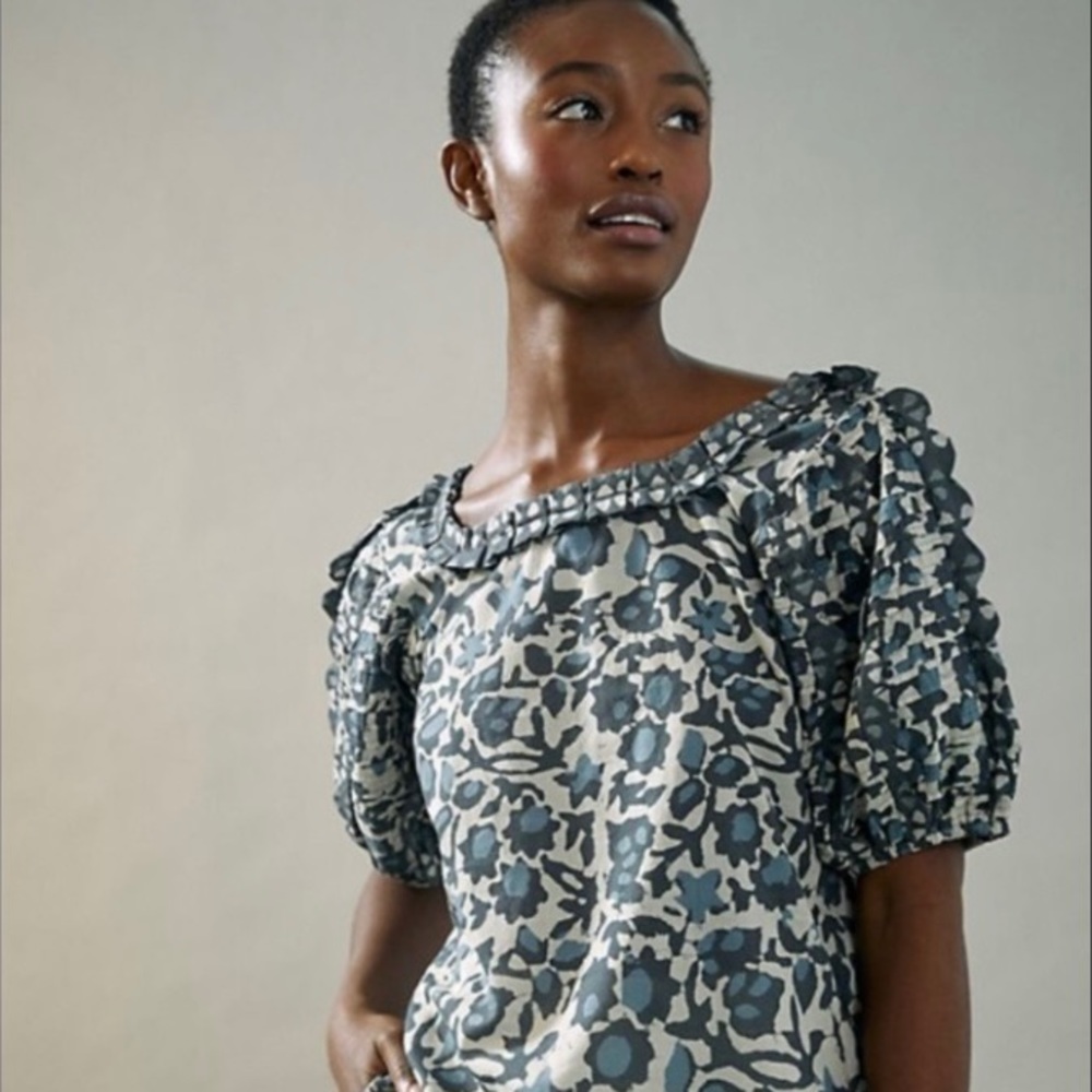Anthropologie Blue Floral Ruffled Blouse XL
